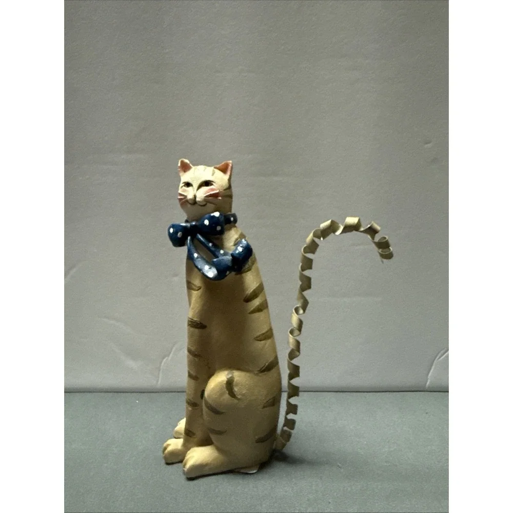 Folk Art Striped Tabby Cat Figurine 6 In Blue Bow Spring Metal Tail